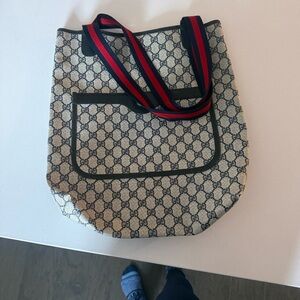 Vintage and rare Gucci Navy and gray Tote with Red Accents